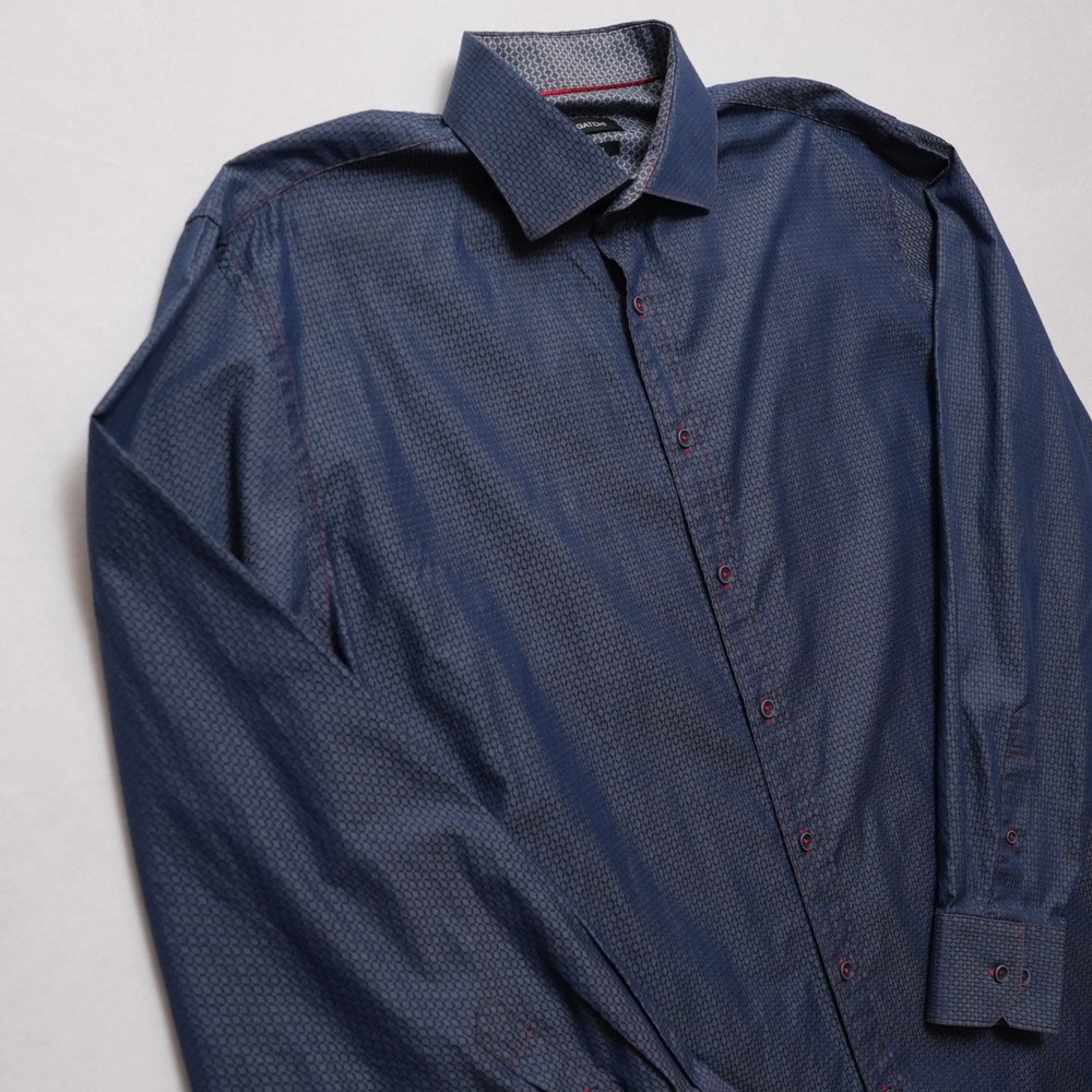 Bugatchi Button Up Mens XL Blue Geometric Long Sleeve Classic Fit Shirt - Picture 9 of 16